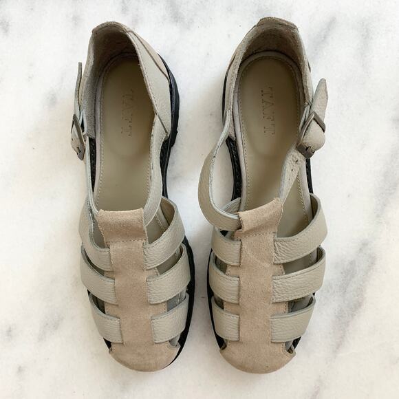 NEW Taft Buckled Cage Leather Mixed Media Fisherman Sandals Shoe Beige Tan 9 - Picture 3 of 8